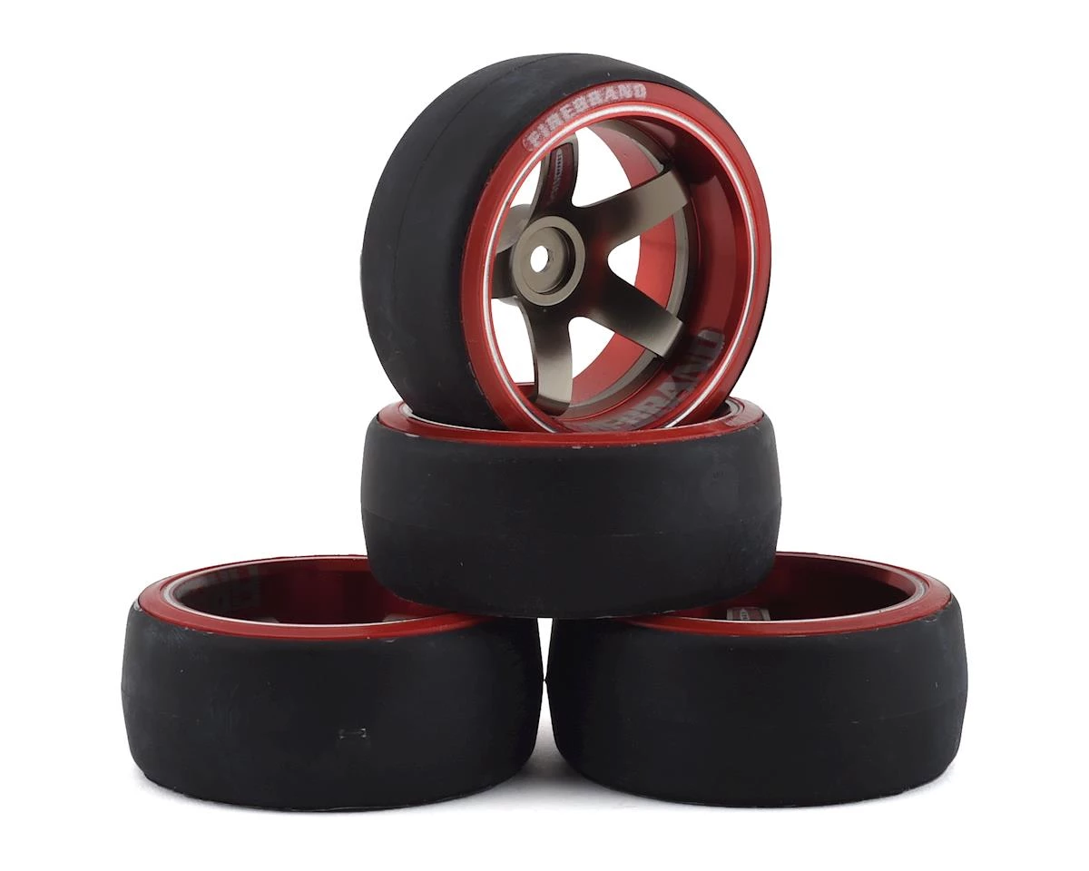 Firebrand RC Aluminum Highfive D2M12 Pre-Mounted Slick Drift Tires (4) (Red/Gun Metal) w/D2 Tires, 12mm Hex & 12mm Offset 1 Firebrand RC Aluminum Highfive D2M12 Pre-Mounted Slick Drift Tires (4) (Red/Gun Metal) w/D2 Tires, 12mm Hex & 12mm Offset