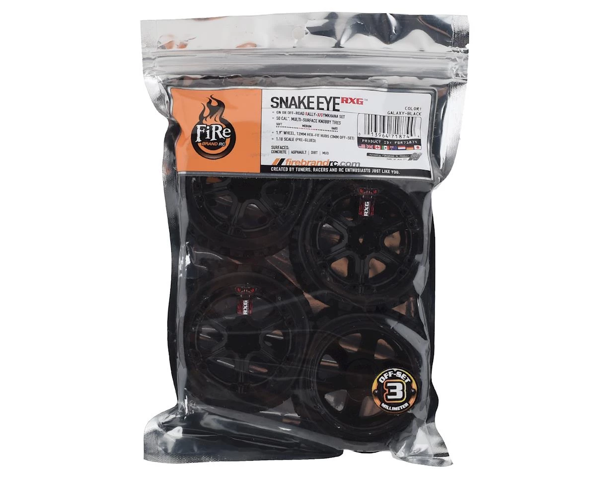 Firebrand RC SnakeEye RXG3 Gymkhana Pre-Mounted Rally Tires (4) (Black) w/.50 Cal Tires, 12mm Hex & 3mm Offset 3 Firebrand RC SnakeEye RXG3 Gymkhana Pre-Mounted Rally Tires (4) (Black) w/.50 Cal Tires, 12mm Hex & 3mm Offset - Image 3