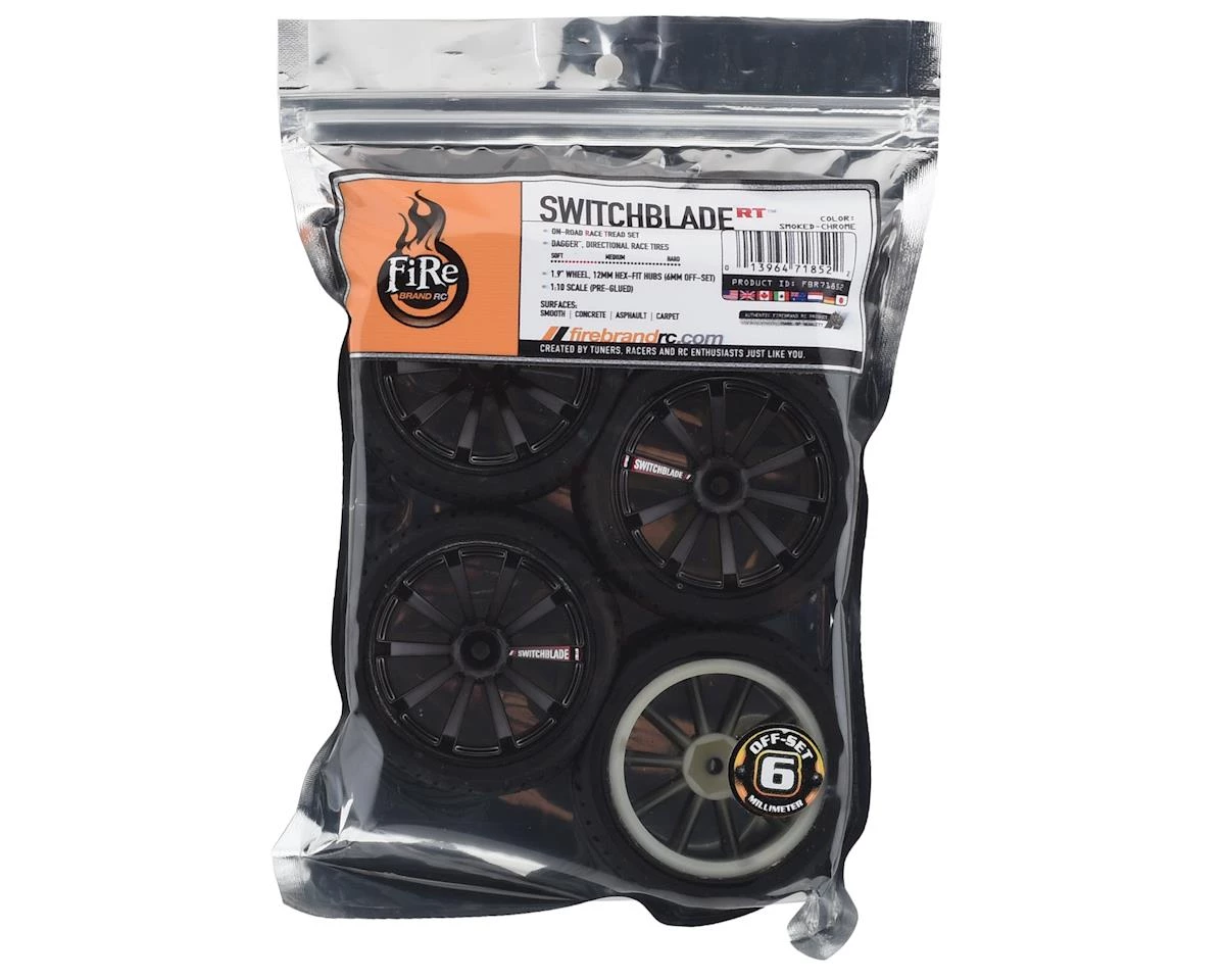 Firebrand RC Switchblade RT6 Pre-Mounted On-Road Tires (4) (Smoke Chrome) w/Daggers Tires, 12mm Hex & 6mm Offset 3 Firebrand RC Switchblade RT6 Pre-Mounted On-Road Tires (4) (Smoke Chrome) w/Daggers Tires, 12mm Hex & 6mm Offset - Image 3