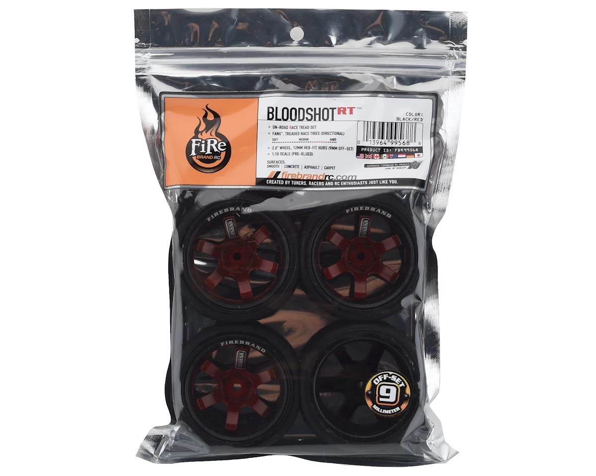 Firebrand RC Bloodshot RT9 Pre-Mounted On-Road Tires (4) (Red/Black) w/Fang Tires, 12mm Hex & 9mm Offset 3 Firebrand RC Bloodshot RT9 Pre-Mounted On-Road Tires (4) (Red/Black) w/Fang Tires, 12mm Hex & 9mm Offset - Image 3
