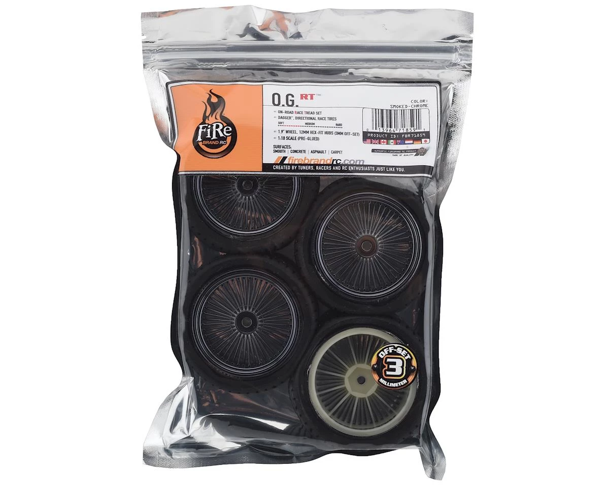 Firebrand RC OG RT3 Pre-Mounted On-Road Tires (4) (Smoke Chrome) w/Dagger Tires, 12mm Hex & 3mm Offset 3 Firebrand RC OG RT3 Pre-Mounted On-Road Tires (4) (Smoke Chrome) w/Dagger Tires, 12mm Hex & 3mm Offset - Image 3